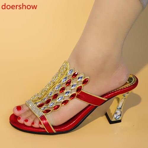 Doershow Most popular black women sandals with rhinestone design african black low heel shoes for dress SJU1-34