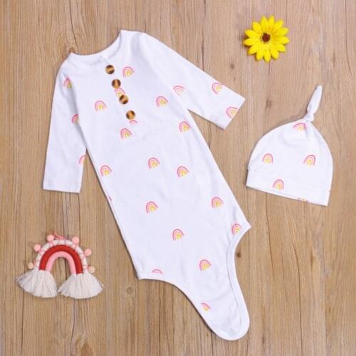 Breathable Infant Sleeping Bag Set Springr Autumn Baby Girls Boys Rainbow Printing Long Sleeve Sleeping Sack Round Hat Sleepwear