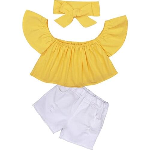 Summer Cloth Set For Girls One Shoulder Shirt Tube Top Short Jeans Pants Headband 3 Pieces Fashion Off Shoulders Suits
