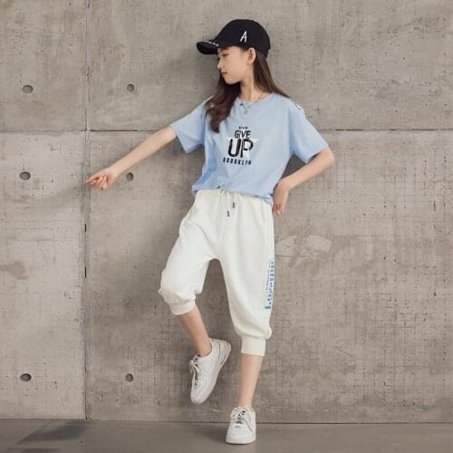 110cm-170cm Girl Clothes Set Five-pointed Star Printed Shirt + Long Capris Pants Sports 2 Pieces Sets Kids Sportswear