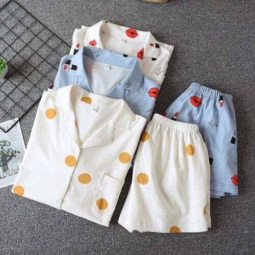Korean Dot Print 100%cotton Sleepwear Set Women Oversized Short Sleeve Pajamas Shorts Female Loose Pyjamas Summer Home Clothes