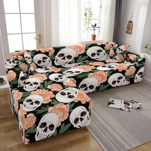 L Shape Skull With Rose Couch Cover Slip-Resistant Stretch Sofa Covers For Living Room 1/2/3/4 Seaters Removable Slipcover