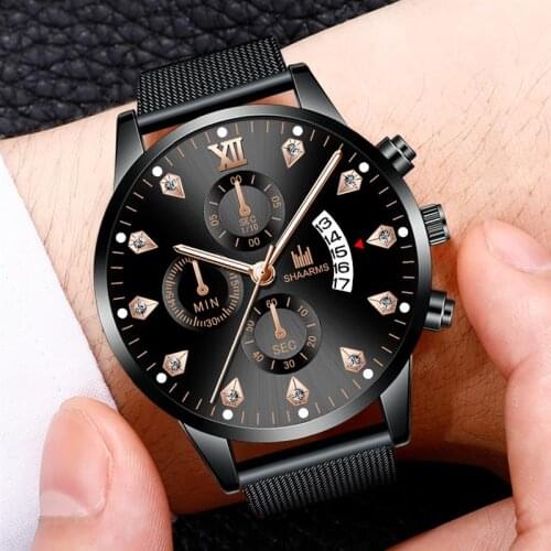 Stainless Steel Fashion Mesh Band Mens Watches Diamond Calendar Quartz Wrist Watch Luxury Business Casual Clock Hot Dropshipping