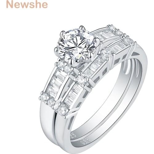 Newshe 2 Pcs Solid 925 Sterling Silver Wedding Ring Set For Women 2.2 Ct Round Cut AAAAA CZ Engagement Rings QR104824