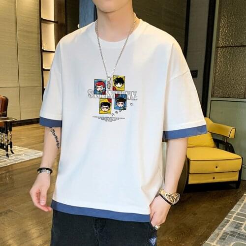 Original Cartoon Character O-Neck Fake Two Pieces of Youth Vitality Cotton Summer Short-Sleeved Casual Loose Men&Women All-Match