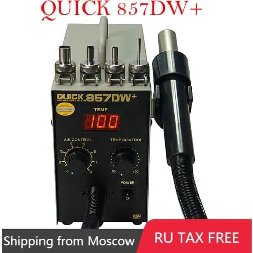 Original QUICK 857DW+ 850W Soldering Station Hot Air Gun Station with Heater Helical Wind Air Gun SMD Hot Rework Station