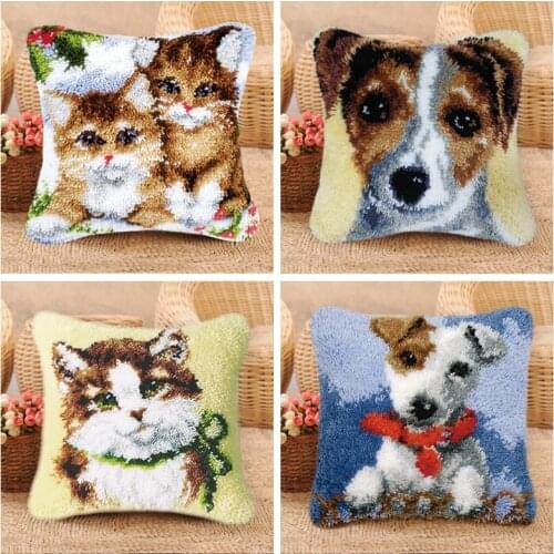 Cat Dog Animal Knooppakket Smyrna Klink Haak Kleed Bloemen Latch Hook Pillow Cross Stitch Pillows Embroidery Package Pillow Gift