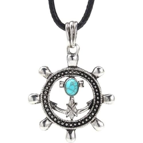 Silver Plated Ships Anchor Green Turquoises Stone Pendant Handmade Weave Rope Chain Necklace Fashion Jewelry