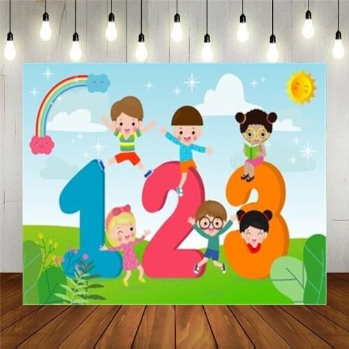 Photo Studio Props Photography Backdrop Boy Girl With 123 Numbers Cartoon Vinyl Background Kids Birthday Party Decoration