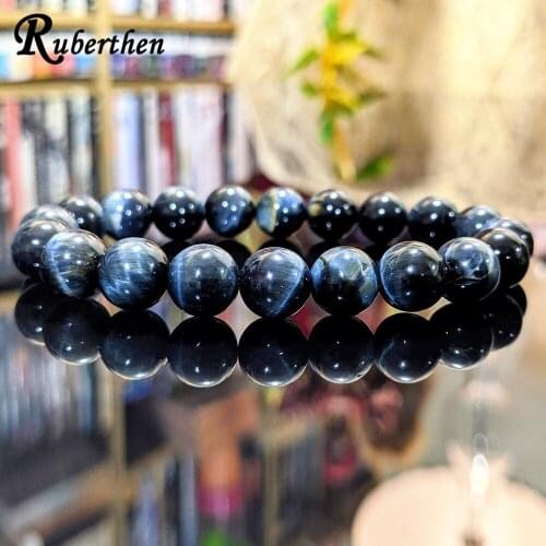 Ruberthen Natural 10 MM Steel Blue Tiger Eye Bead Bracelet for Men New Arrival Style Men`s Bracelet