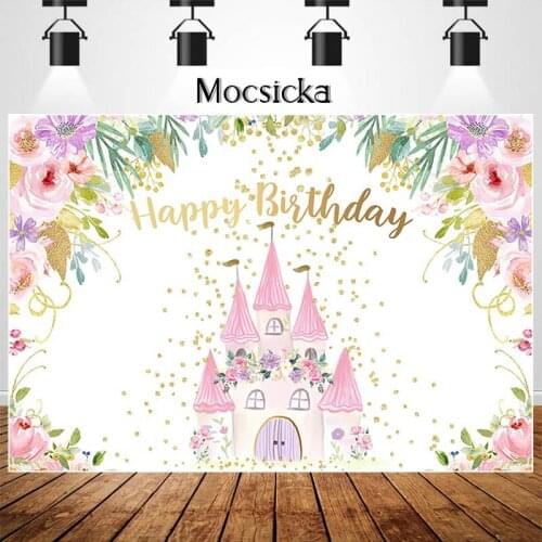 Fairy Princess Castel Birthday Backdrop Flowers Gold Dots Fantasy Castel Happy Birthday Photography Background for Girls