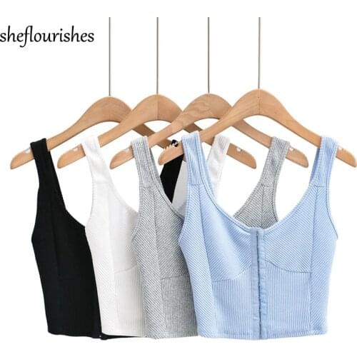 Casual women tank tops shirt summer v neck top sleeveless button up tops knit backless crop top korean style slim vest top white