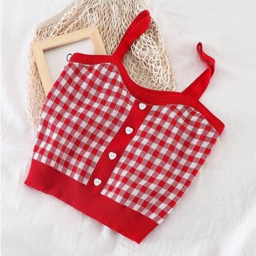 Knitted Shirts Blue Plaid Straps Camis With Buttons Club Sexy Womens Clothing Female Ladies Sleeveless Crop Top
