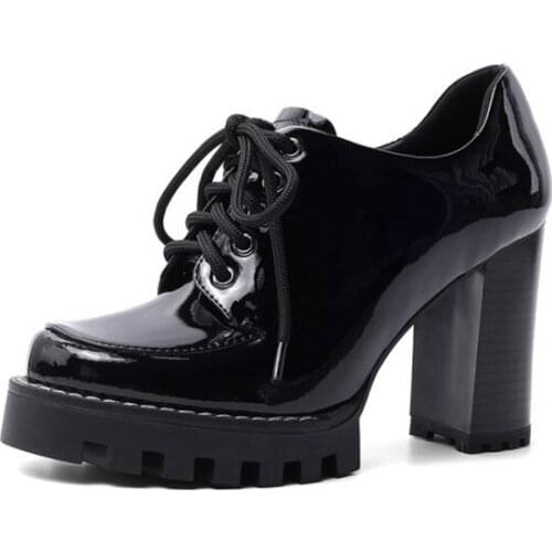 2020 Genuine Cow Leather Lace-up Pumps Block Heels Shoes Round Toe High Heels Women Platform Shoes Fashion Work Heels Black