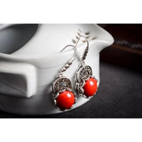 Amazing 11/2" Vintage 925 Silver & Marcasite Red Coral Earrings Brincos Ohrringe Sterling Silver Jewelry Earring