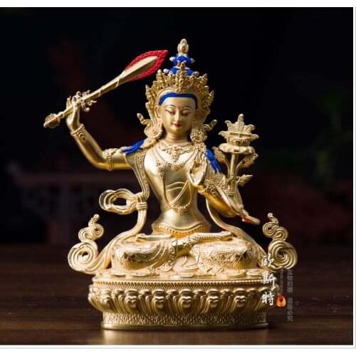 High grade Buddha figure - HOME hall TOP Protection Buddhism gold-plated Manjusri buddha figure statue-16CM