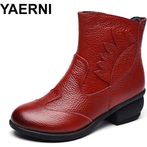 YAERNI 2020 Women Flat Shoes Ethnic Retro Genuine Leather Women Boots Soft Bottom Cotton Ankle Boots Hot Mother Shoe Gift