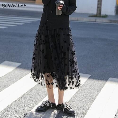 Skirts Women Print Mesh Elegant High Waist Summer Vintage Korean Style All-match Popular Mujer Students Fashion Ulzzang Ins Chic