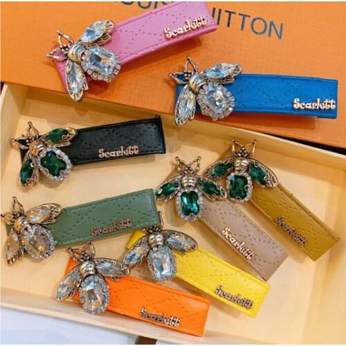 Women Vintage rhinestone PU leather duckbill clip classic insects letter sweet girls hair pins