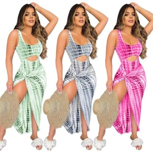 Print Summer 2 Pieces Clothes Set Female OutfitsWomen Sleeveless Long Maxi Dress Set Tie Dye