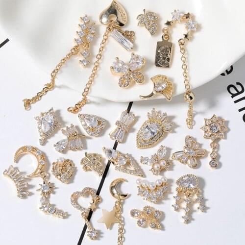 Newest 1Pieces Lot Pendant Chain 3D Alloy Butterfly Nail Art Zircon Pearl Metal Manicure Nails DIY Accessories Nail Decoration