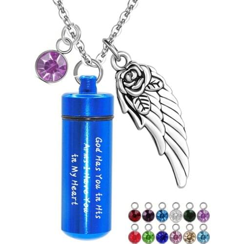God Has You in His Arms with Angel Wing Charm Cremation Ashes Jewelry Keepsake Memorial Urn Necklace with 12 Birthstone Crystal