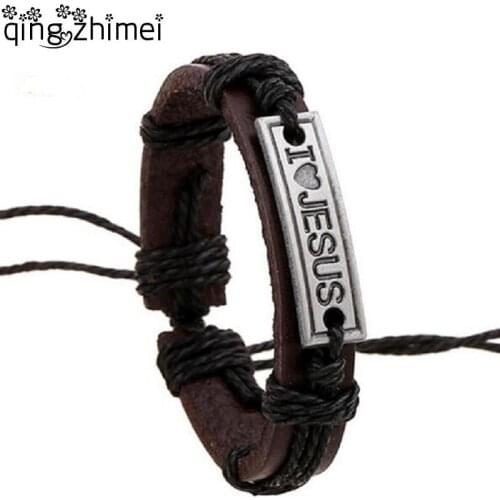 Faith Jewelry Accessories Fashion I Love JESUS Letter ID Bracelets Couples Genuine Leather Strap Rope Wrap Bracelet Wrist Band