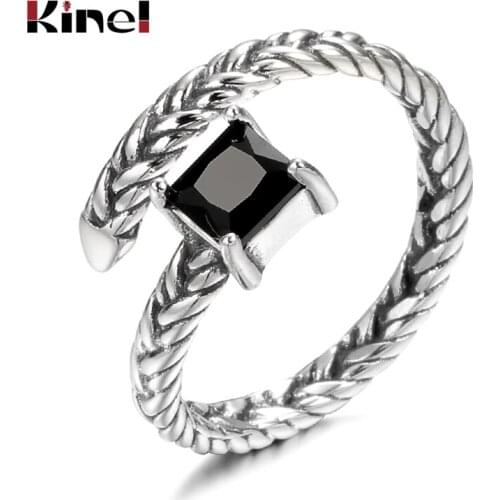 Kinel Wholesale European Fashion Woman Girl Party Wedding Gift Silver Black Agate Rings Vintage Make Old Jewelry