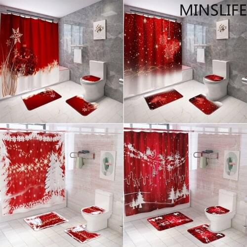 Red Christmas Tree Bells Bathroom Curtain Sets Waterproof Polyester Fabric Bath Curtains Anti Slip Pads Mat Holiday Decoration