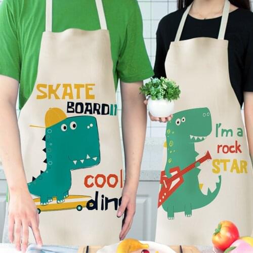 Dinosaur Print Linen Antifouling Kitchen Aprons for Woman Kids Cartoon Animal Waterproof Cooking Childrens Japanese Apron Dress