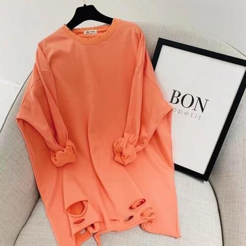 New Fashion Big Large Plus Size Casual Autumn Clothes Tops Women Long Sleeve Hoodies For Teen Girls Lady Long Hole Hoody Sweater