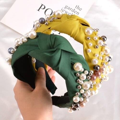 Women Hair Accessories Handmade Pearls Hairband Solid Bowknot Cotton Headbands with Rhinestone Baroque Hair Hoop Female Bezel