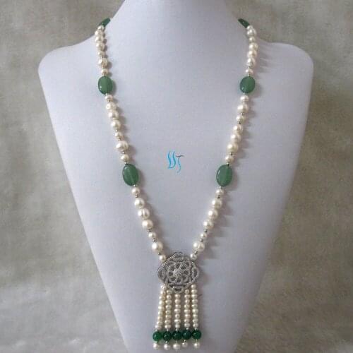 27" 4-11mm White Freshwater Pearl Necklace Stone Tassel Jewelry