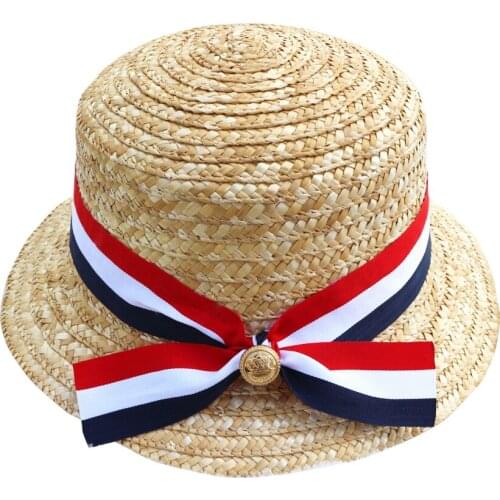 2018 Summer Sweet Sun Hat Beach Ribbon Bow Straw hat cap Short Flat Brim cap for women British style