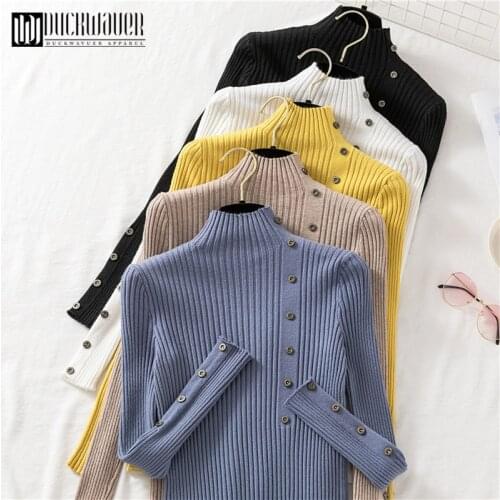 Duckwaver Button Turtleneck Sweater Women Spring Autumn Solid Knitted Pullover Women Slim Soft Jumper Sweater Female Knit Tops