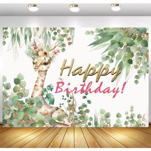 Mint Green Painting Flowers Leaves Happy Birthday Kids Party Backdrops Vinyl Poster Giraffe Girl Princess Photo Background Room