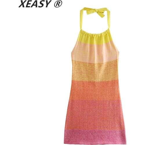 XEASY Women 2021 Sexy Fashion Backless Color Knitted Mini Halter Dress Vintage Sleeveless Summer Beach Female Dresses Mujer