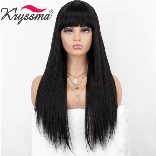Kryssma Women Heat Fiber Hair Wig For Halloween Natural Black Wigs With Bangs Long Straight Synthetic Wigs Cosplay Wigs For