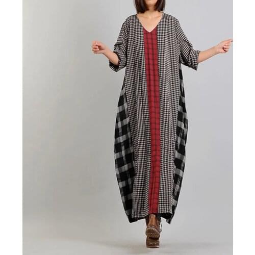 ZANZEA Women Long Sleeve Vintage Plaid Checked Sundress Spring V neck Loose Patchwork Maxi Long Dress Vestido Dresses