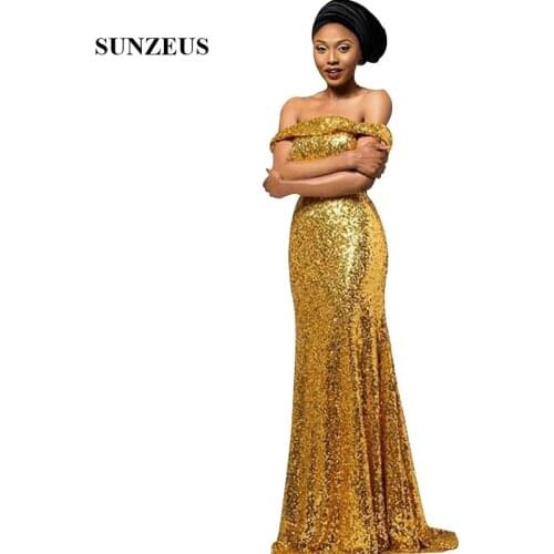Gold Sequins Bridesmaid Dresses 2019 Off Shoulder Boat Neck Long Wedding Party Gowns vestidos de dama de honor