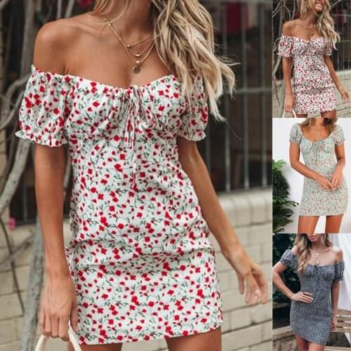 Women Summer Boho Floral Off Shoulder Wrap Mini Print Short Sleeve Evening Party Dress Ladies Holiday Beach