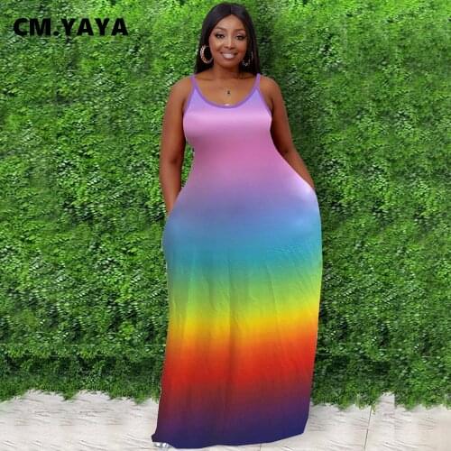 CM.YAYA Women Plus Size Dress Rainbow Color Sleeveless O-neck Stretchy Loose Long Maxi Dresses Fashion Casual Outfit Summer 2021