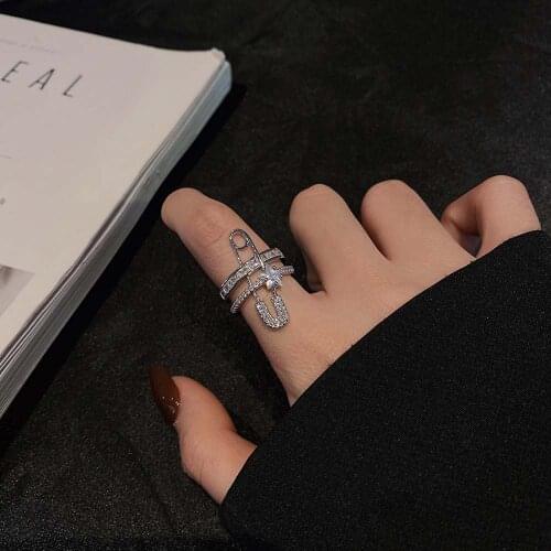 2021 Exaggerated Micro-Inlaid Zircon Paperclip Shaped Open Ring Woman Double Layer Trendy Personality Copper Finger Jewelry