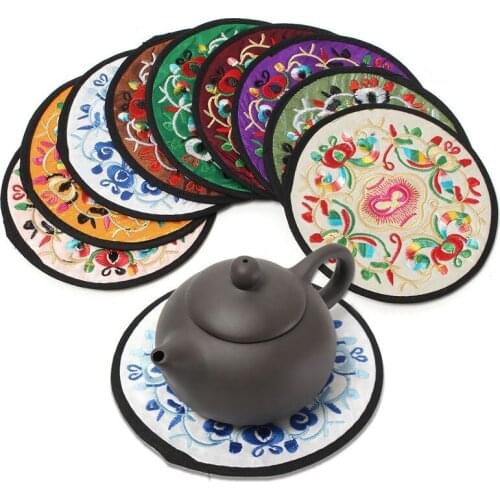 5Pcs Chinese Embroidery Coaster Non-woven Ethnic Pattern Tea Cup Teapot Mat Tableware Placemat Home Office Tabletop Decoration