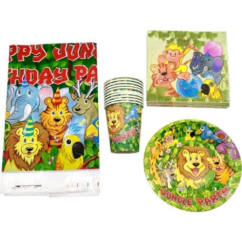 61pcs For 20 People Party Kids Favors Jungle Animal Theme Napkins Happy Birthday Tablecover Baby Shower Cups Decorate Supplies