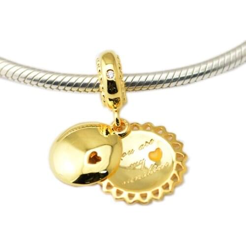 CKK Silver 925 Jewelry Fits Pandora Bracelets Gold-Plated You Are My Sunshine Dangle Charm Yellow Ename Original Beads