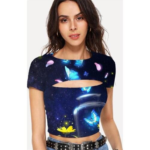 Somepet Butterfly T shirt Women Flower T-shirts 3d Animal Tshirt Printed Galaxy Navel Bare Womens Clothing Sexy Short Slim
