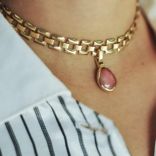 GULCE DERELI, PINK NATURAL STONE CHARM CHOKER NECKLACE, VINTAGE CHAIN CHOKER NECKLACE, GIFT BOX, GOLD/SILVER PLATED