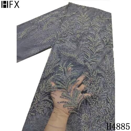 HFX Newest Bling Bling Glitter beaded African Net Lace Fashion 2021 French Lace Fabric Embroidered For Party Dress 5 yards