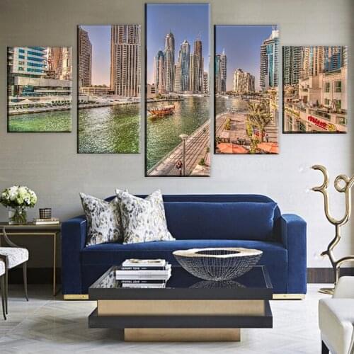 Modular Home Decor Canvas Paintings Framework Living Room 5 Pieces Boat Canal Dubai Marina Poster HD Print Pictures Wall Art